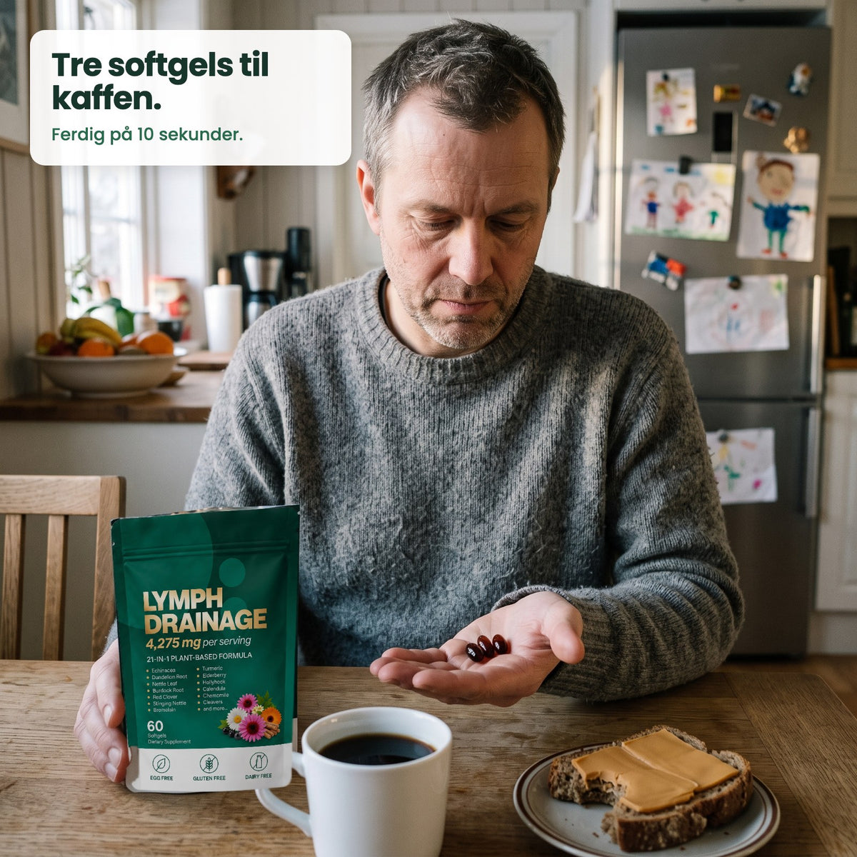 Mann med tre softgels og kaffe til frokost