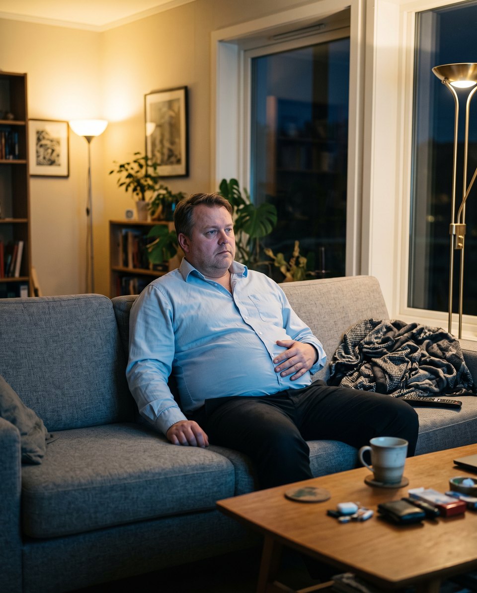 Mann sitter i sofaen etter jobb og kjenner seg tung